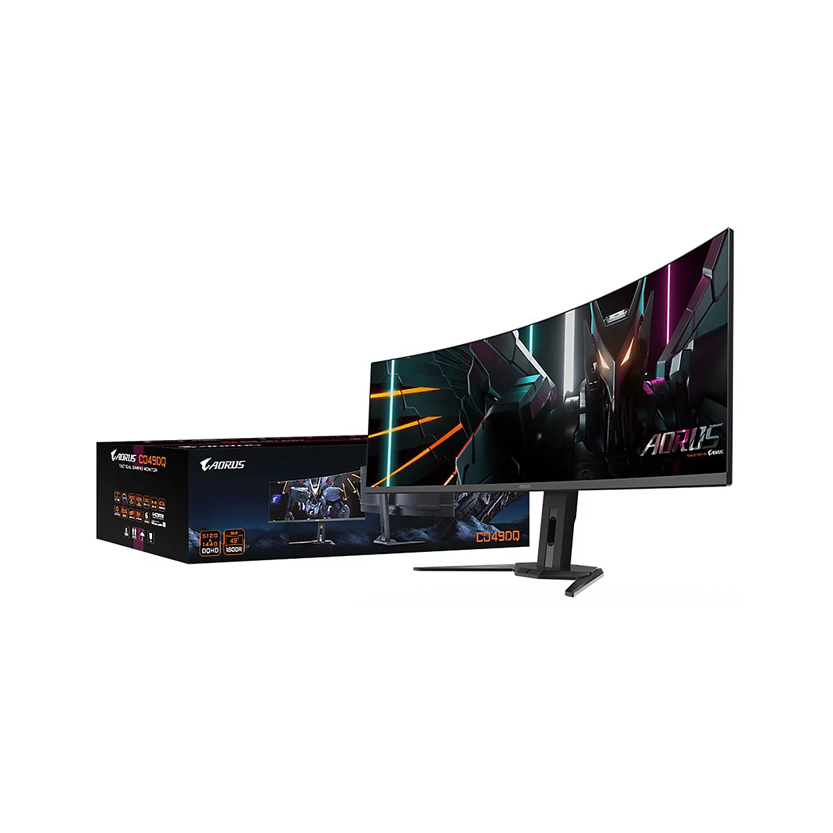 Ein Gaming Monitor von Aorus CJ49DQ mit gebogenem Bildschirm und Produktverpackung. Auf dem Bildschirm ist ein Roboter abgebildet.