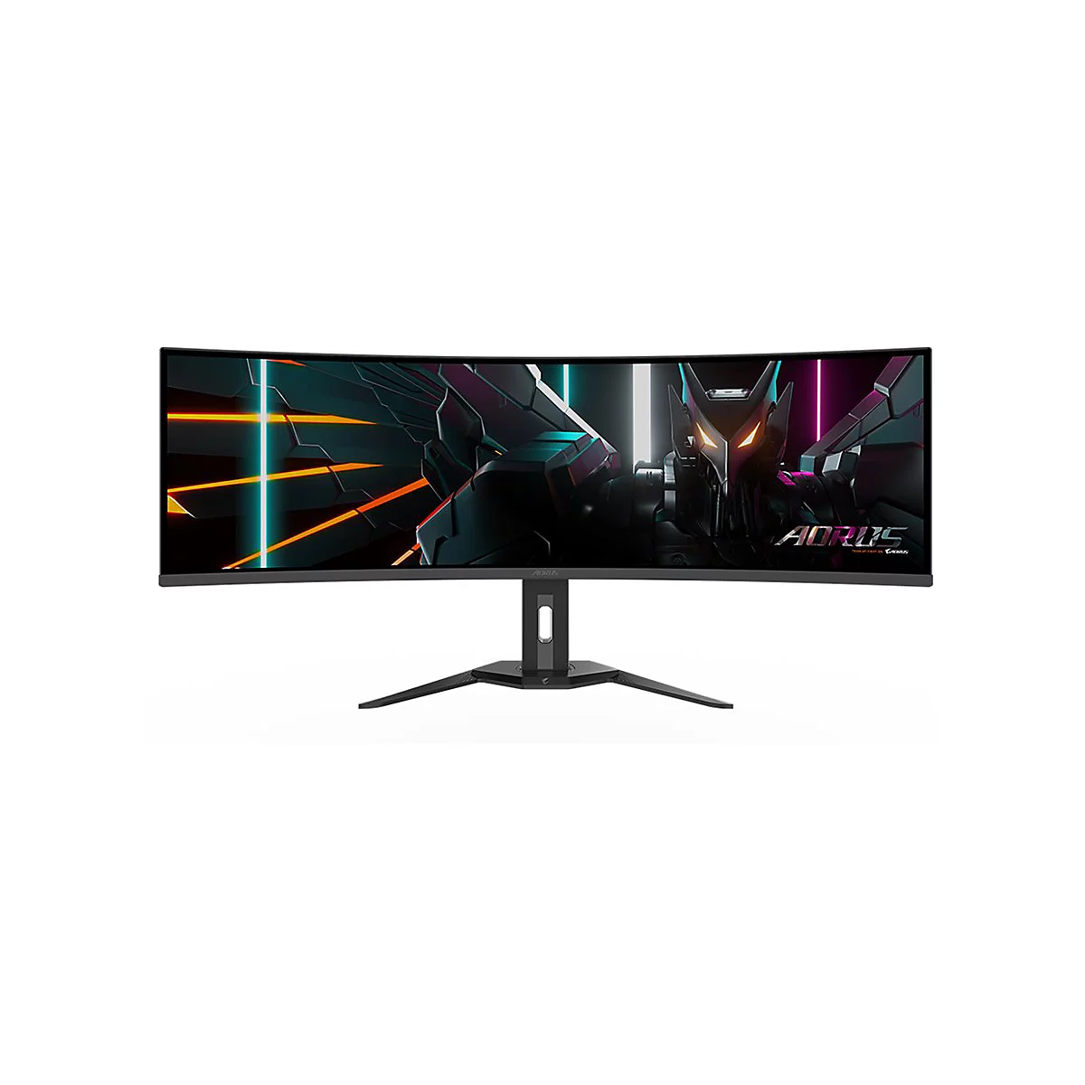Gebogener Gaming-Monitor mit schwarzem Ständer und AORUS-Logo.
