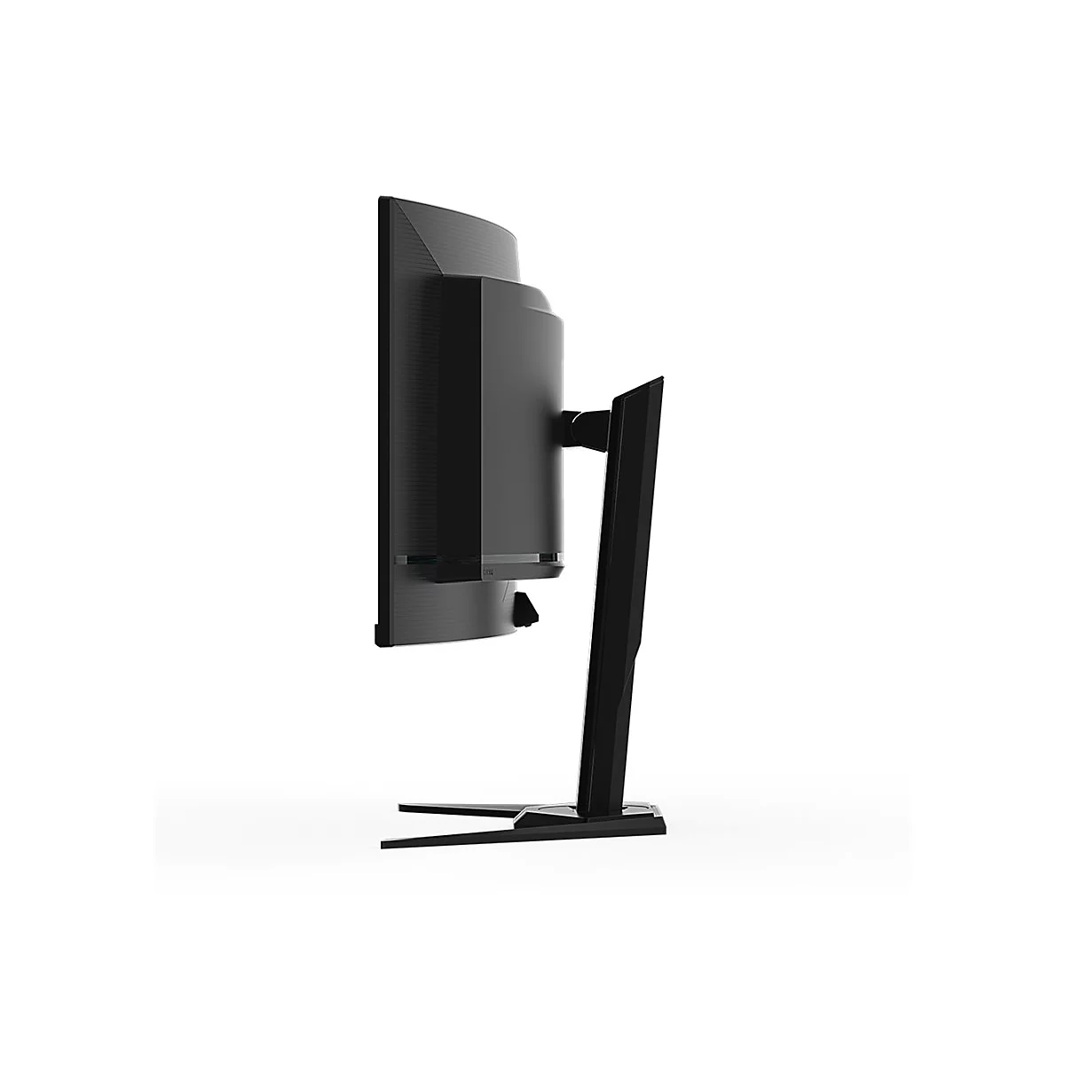 Seitenansicht eines schwarzen Computerbildschirms mit gebogenem Bildschirm. Der Monitor steht auf einem schwarzen Fuß.