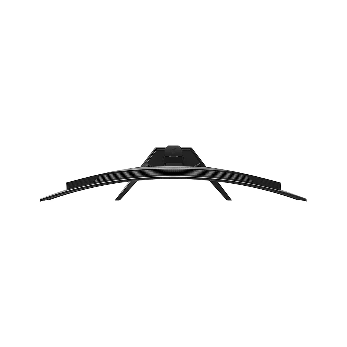 Schwarzer, gebogener Bildschirm, von unten fotografiert. Die Halterung zeigt das AORUS-Logo.