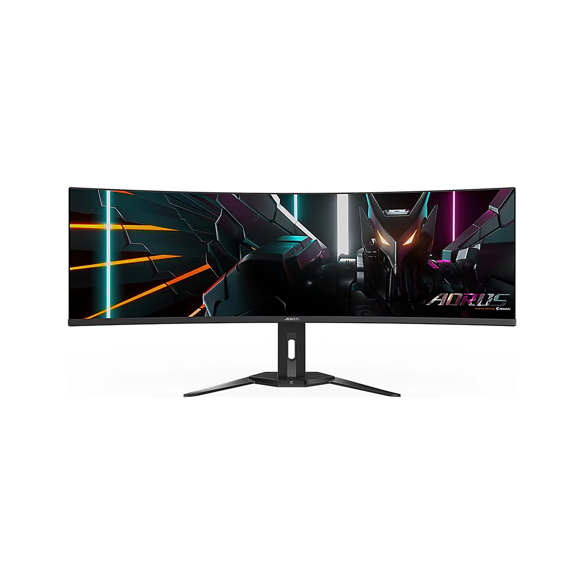 Ein schwarzer, gebogener AORUS-Monitor auf einem weißen Hintergrund. Der Bildschirm zeigt ein futuristisches Design mit Schriftzug.