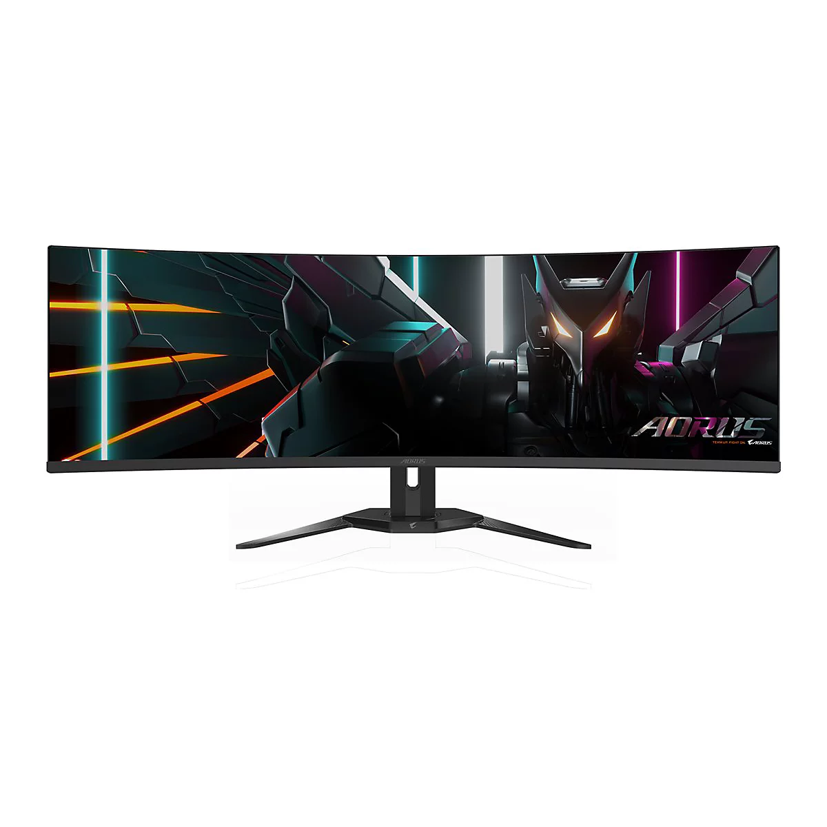 Ein gebogener Gaming-Monitor, der das AORUS-Logo zeigt. Das Display zeigt eine futuristische Grafik.