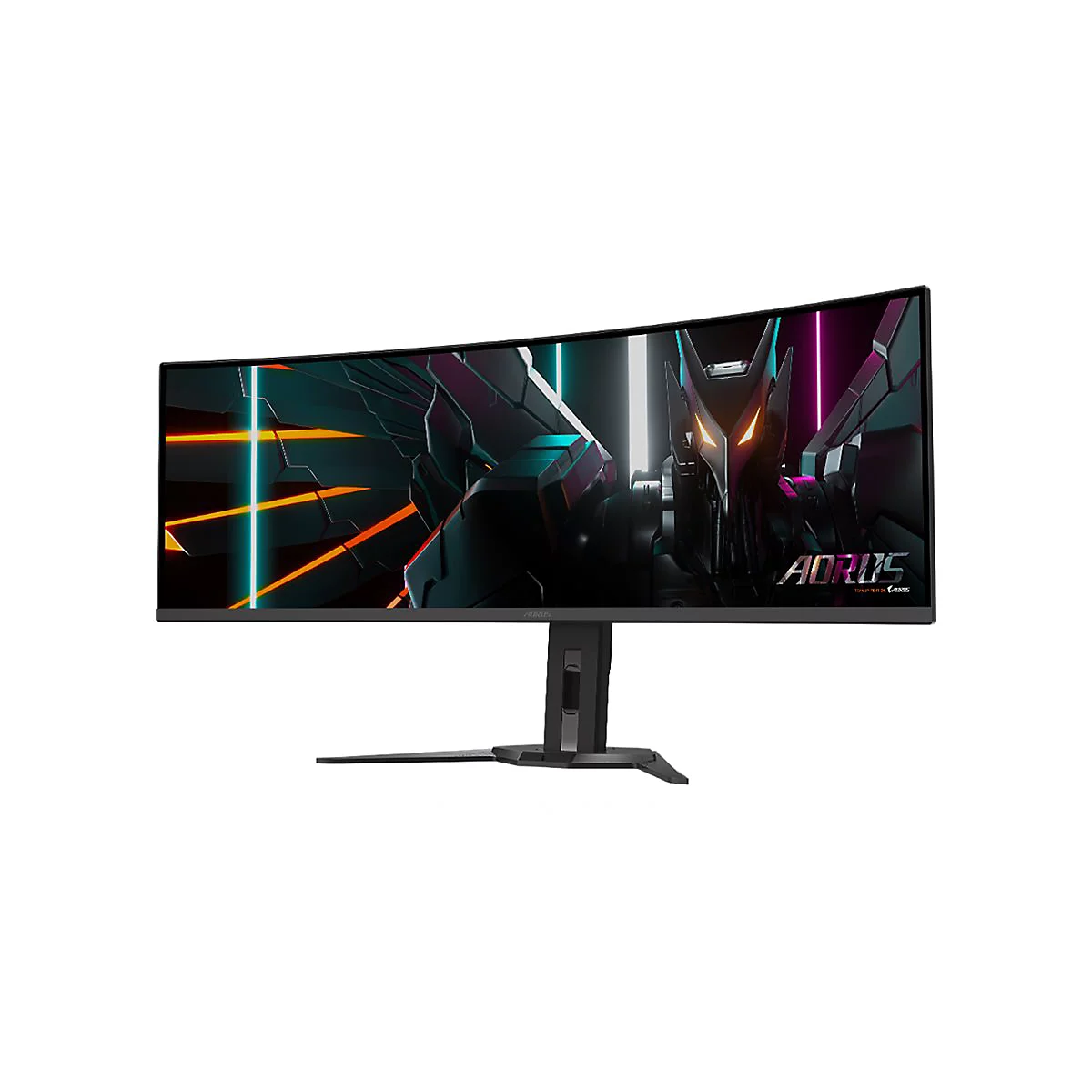 Ein ultrabreiter AORUS Gaming-Monitor mit futuristischem Roboter-Hintergrundbild vor weißem Hintergrund.