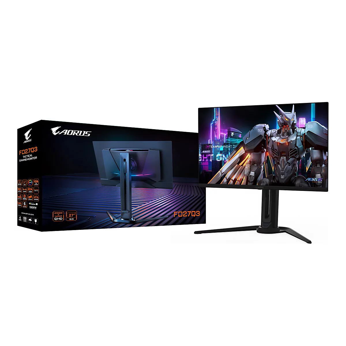 Ein Gaming Monitor mit der Verpackung daneben. Der Monitor zeigt ein Roboter-Art-Design, daneben steht die Verpackung mit technischen Daten und dem Namen F027Q3.