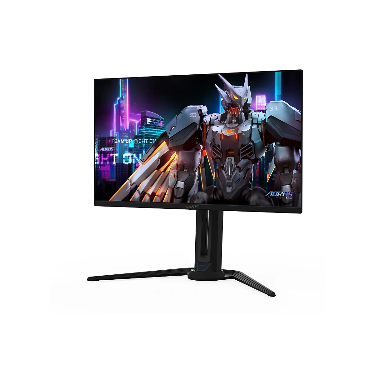 Ein Gaming Monitor mit einem Roboter-Motiv im Display. Der Monitor steht auf einem schwarzen Fuß, der Bildschirm zeigt einen Roboter in Cyberpunk-Optik. Auf dem Bildschirm steht "Team up fight on".