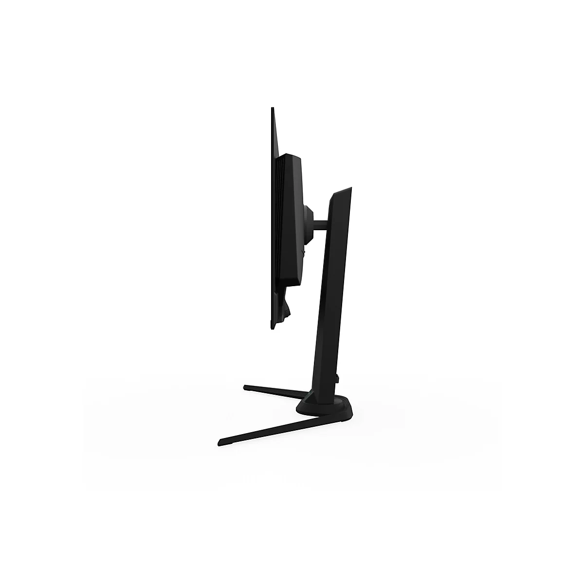 Schwarzer Monitor im Profil, mit Standfuß. Der Bildschirm zeigt eine schlanke Form.