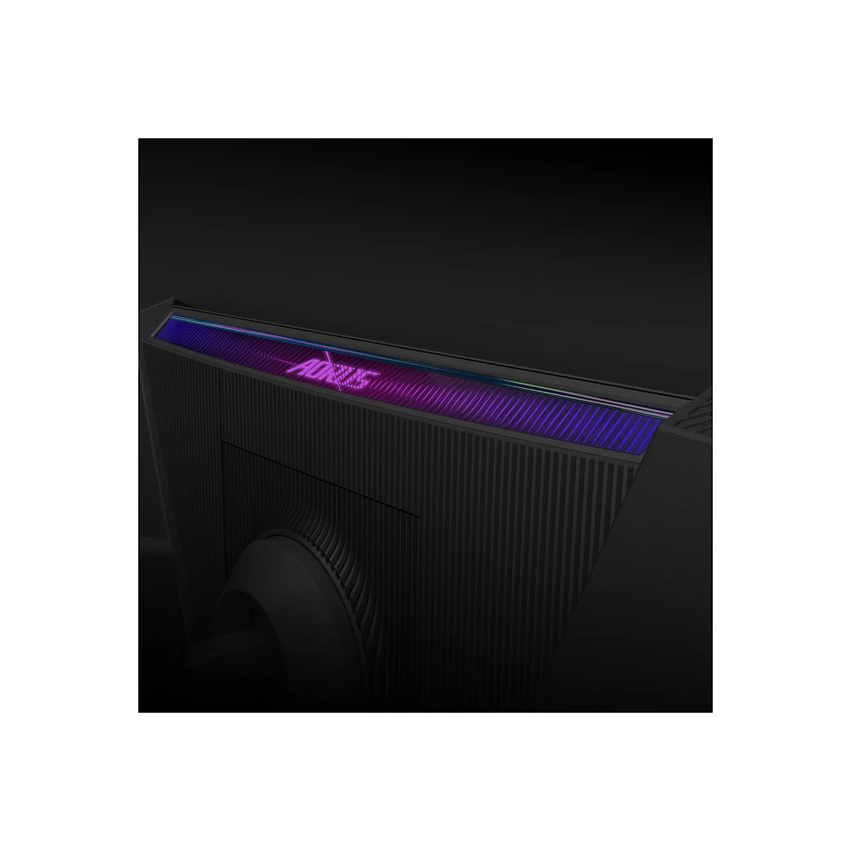 Nahaufnahme eines schwarzen Gaming-Monitors mit RGB-Beleuchtung und AORUS-Logo.