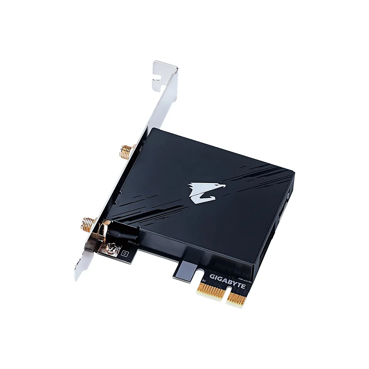 Gigabyte WLAN PCIe-Karte mit schwarzem Gehäuse, Aorus-Logo und zwei goldenen Antennenanschlüssen.