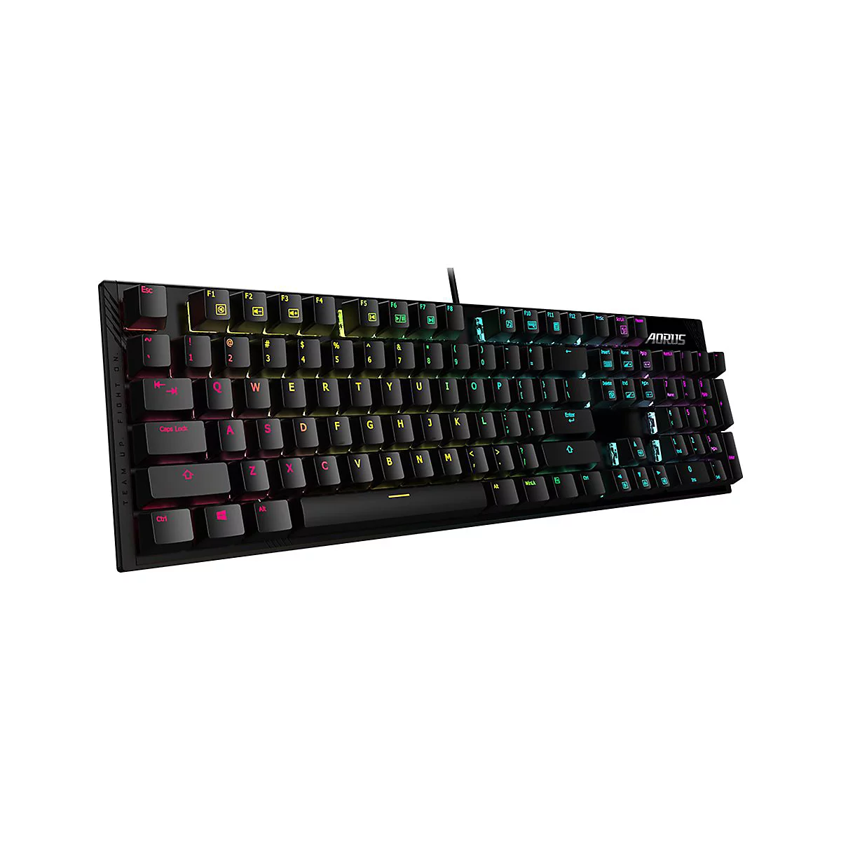 Schwarze mechanische Tastatur mit bunten Tasten. Die Marke AORUS ist sichtbar.