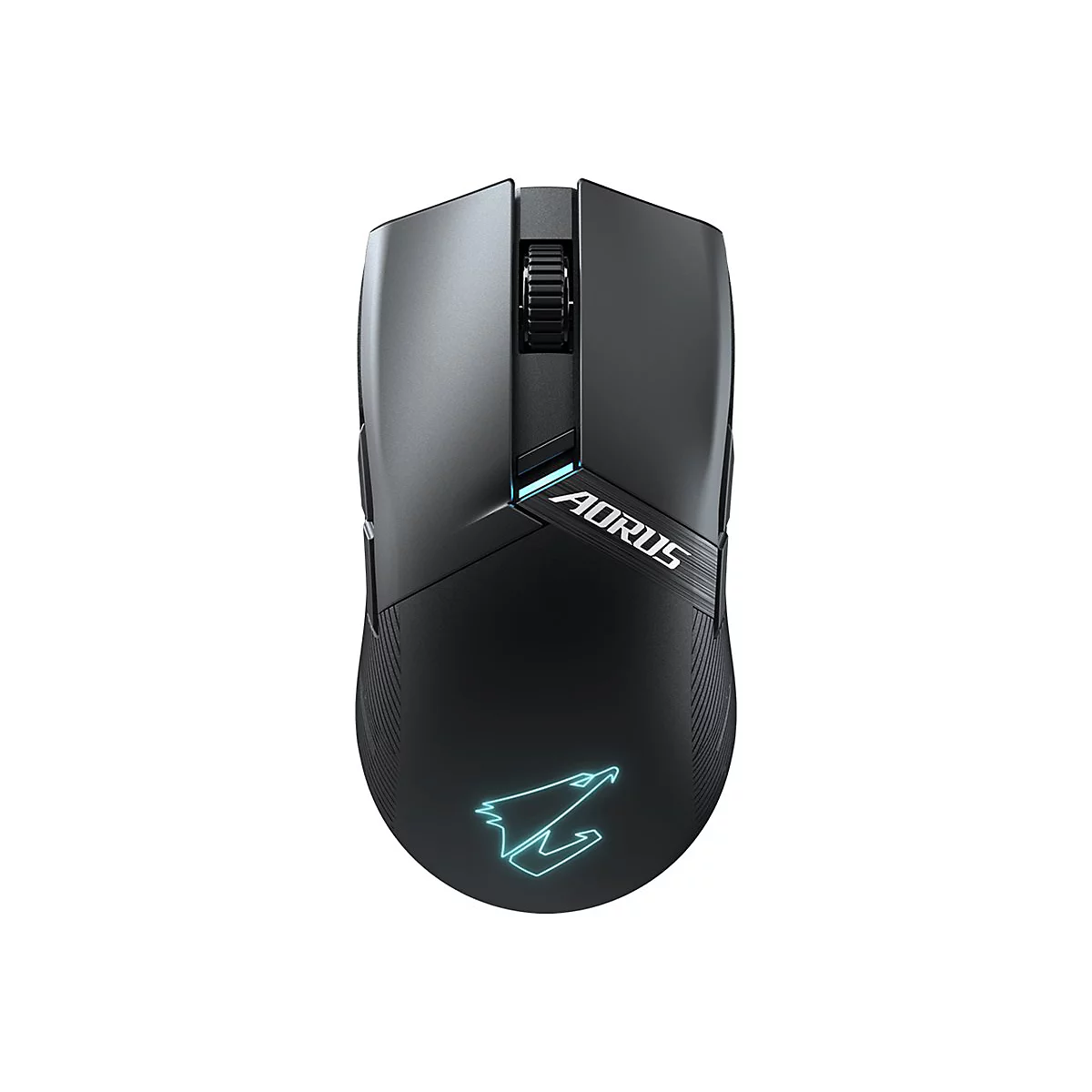 Schwarze Gaming-Maus mit LED-Beleuchtung. Das AORUS-Logo ist deutlich sichtbar.