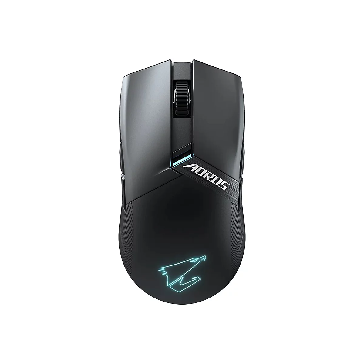 Schwarze Gaming-Maus mit AORUS-Logo und blauem Licht.