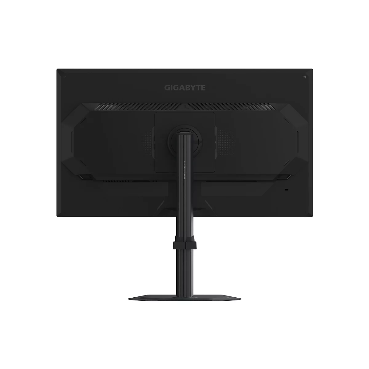 Rückansicht eines schwarzen Gigabyte-Monitors mit Standfuß. Der Schriftzug "GIGABYTE" ist oben zentriert.