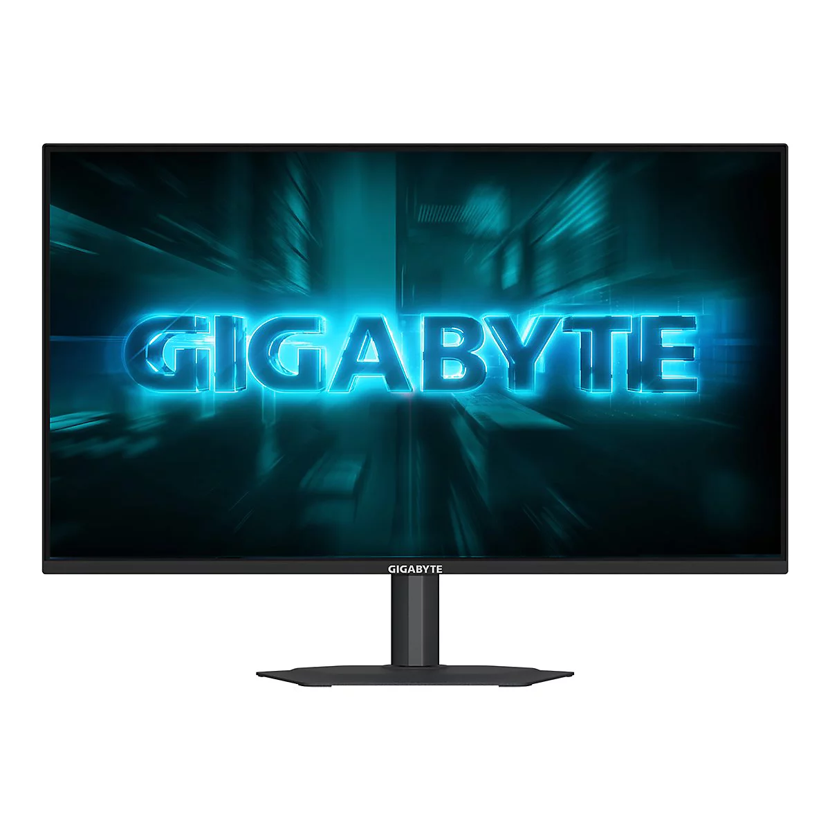 Schwarzer Computermonitor mit blau leuchtendem GIGABYTE-Logo. Aufschrift GIGABYTE, blau hinterlegt, schwarzer Rahmen und Ständer.