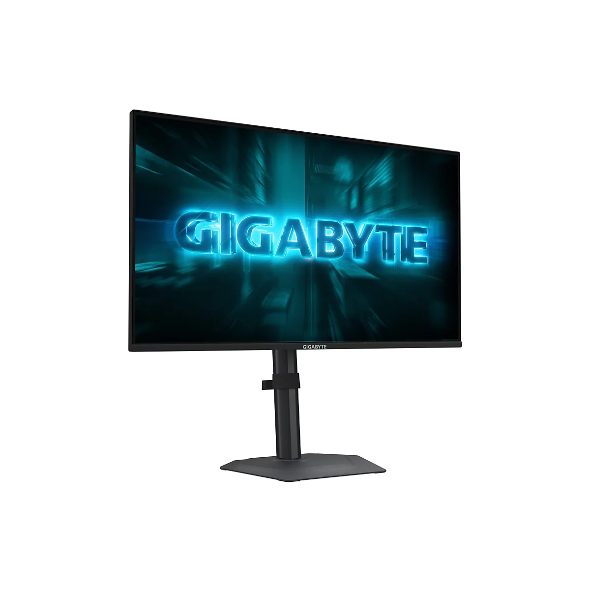 Ein schwarzer Monitor der Marke Gigabyte vor weißem Hintergrund. Auf dem Monitor leuchtet der Schriftzug Gigabyte blau.
