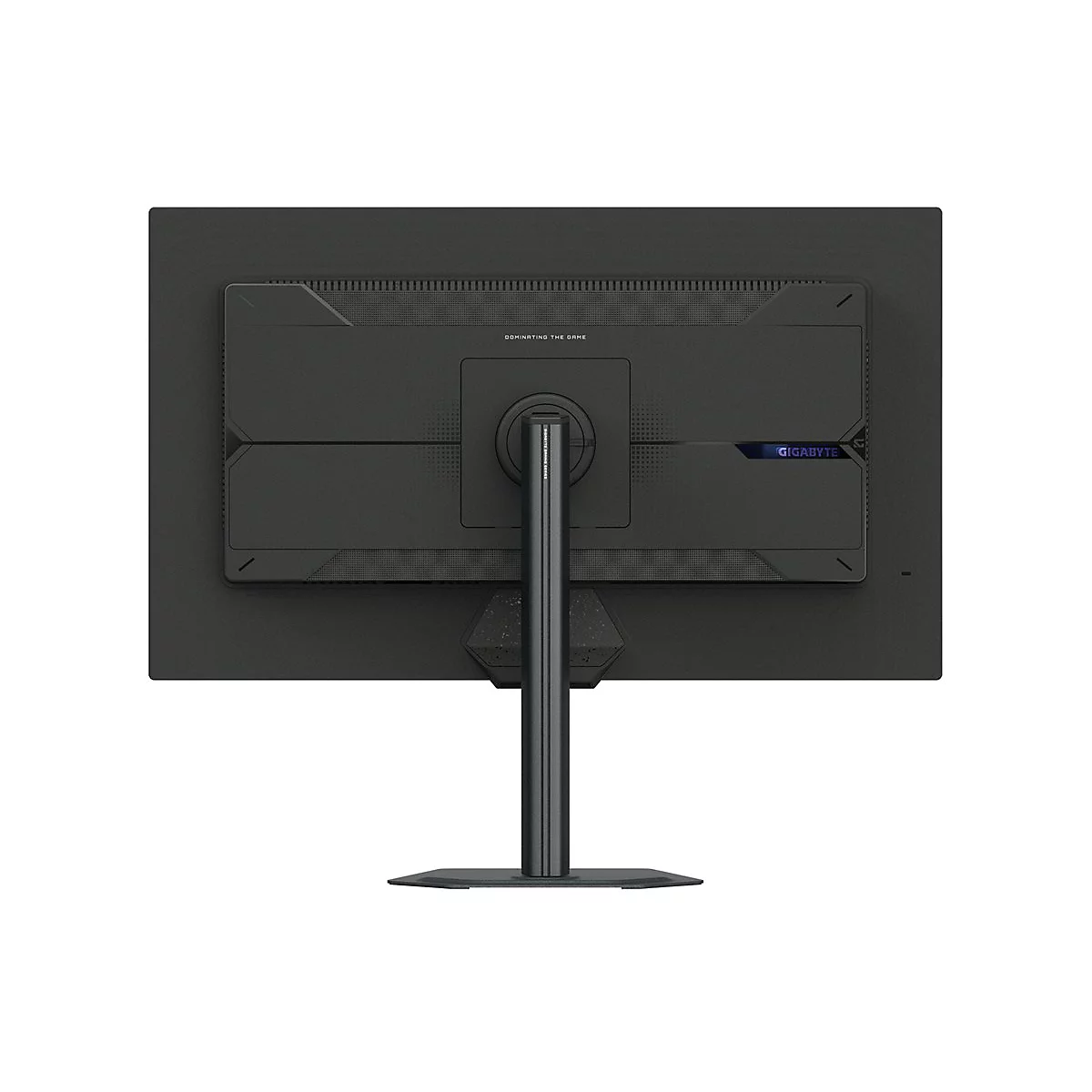Rückseite eines schwarzen Monitors mit Standfuß. Schriftzug "GIGABYTE".