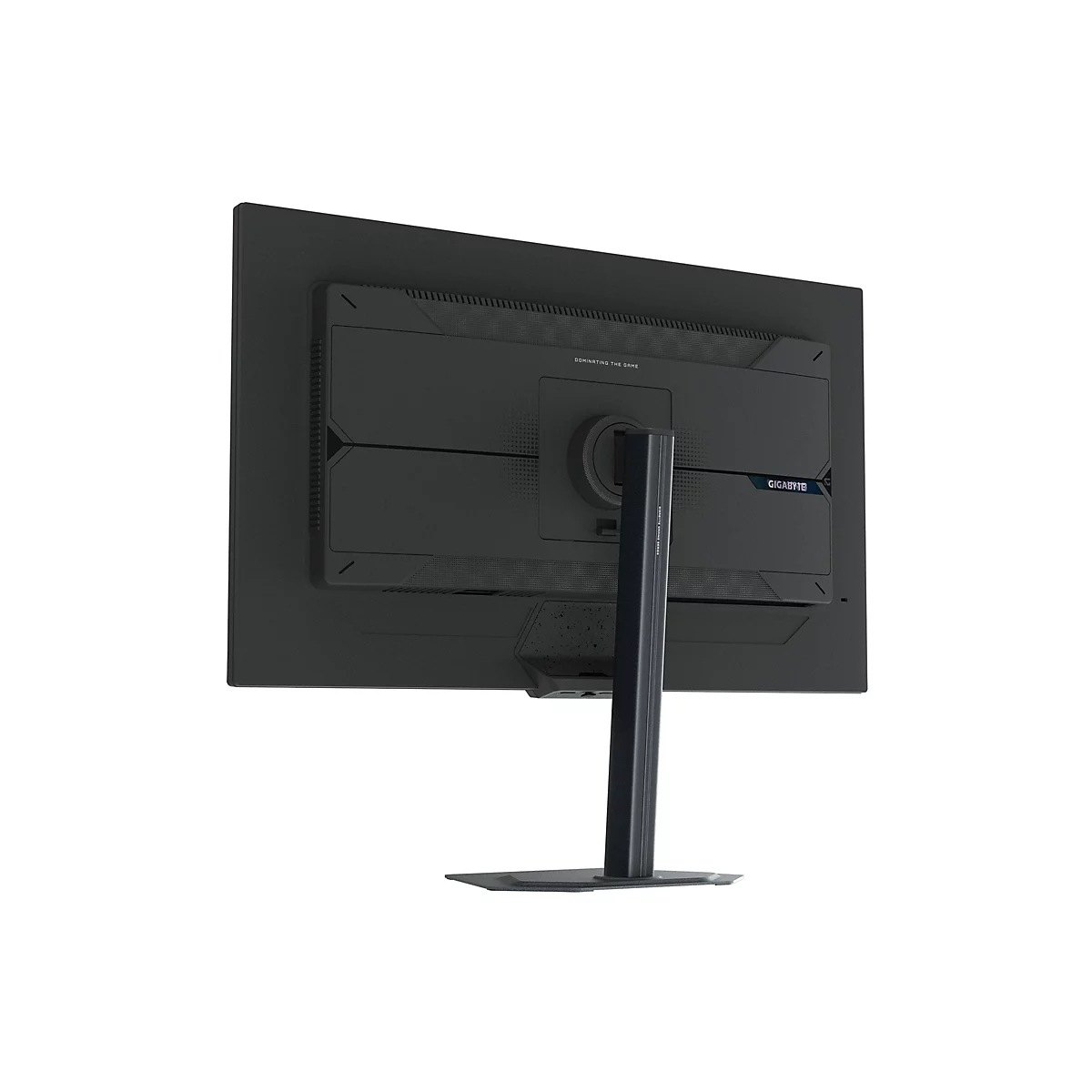 Der Gaming Monitor ist von hinten aufgenommen. Auf dem schwarzen Bildschirm steht "Dominating the Game".