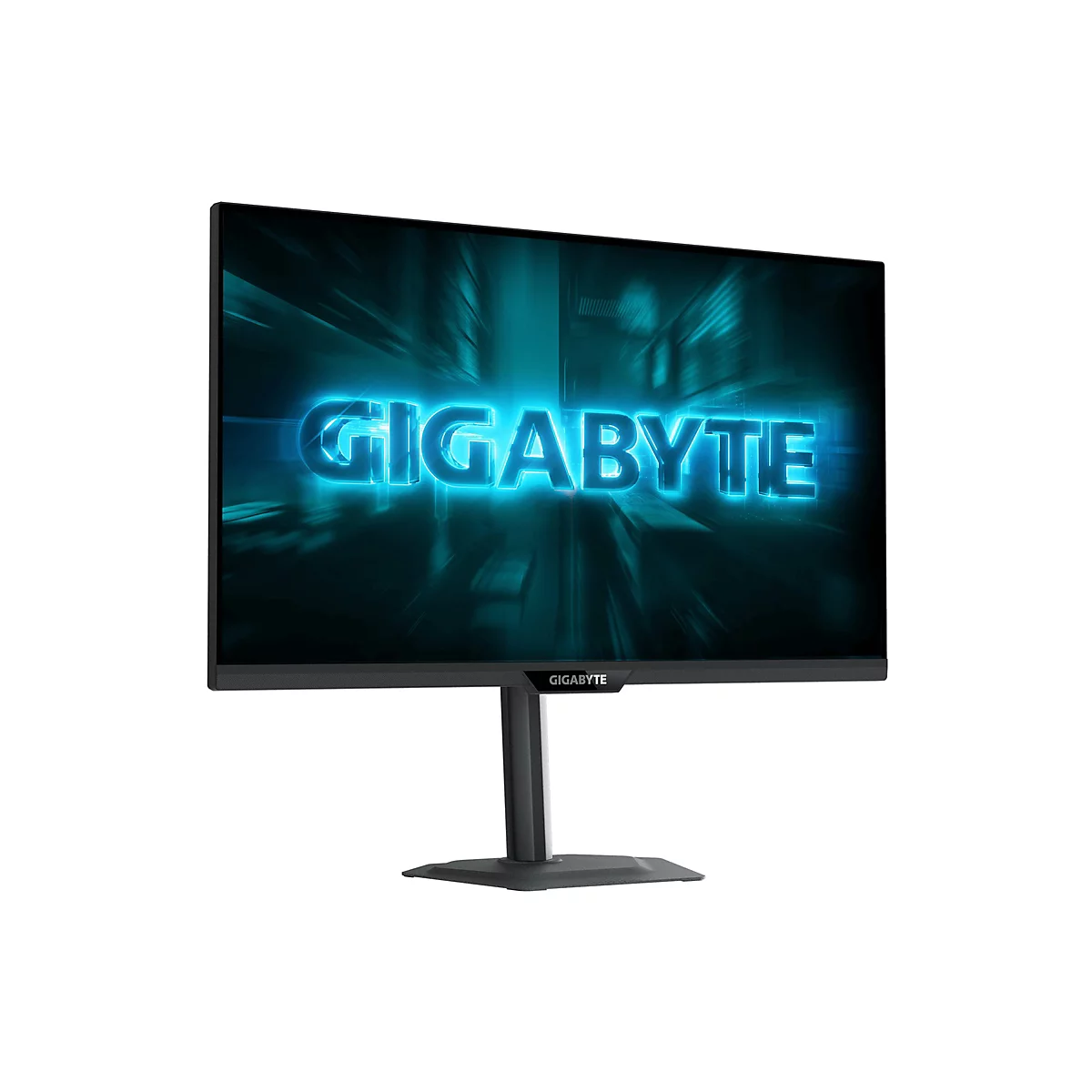 Ein schwarzer Monitor mit der Aufschrift GIGABYTE, vor einem blauen Hintergrund. Der Monitor steht auf einem schwarzen Fuß.