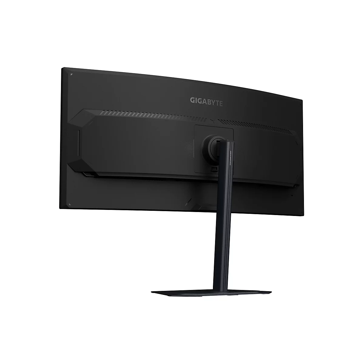 Schwarzer Gaming-Monitor von hinten, Hersteller-Logo GIGABYTE erkennbar. Standfuß und Halterung sind ebenfalls schwarz.