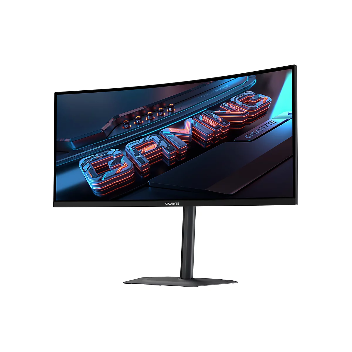 Ein Gaming Monitor mit Wortlaut GAMING. Gebogene Bildschirmfläche mit dunkelblauen und roten Details, auf einem weißen Hintergrund. Der Monitor ist auf einem schwarzen Ständer montiert.