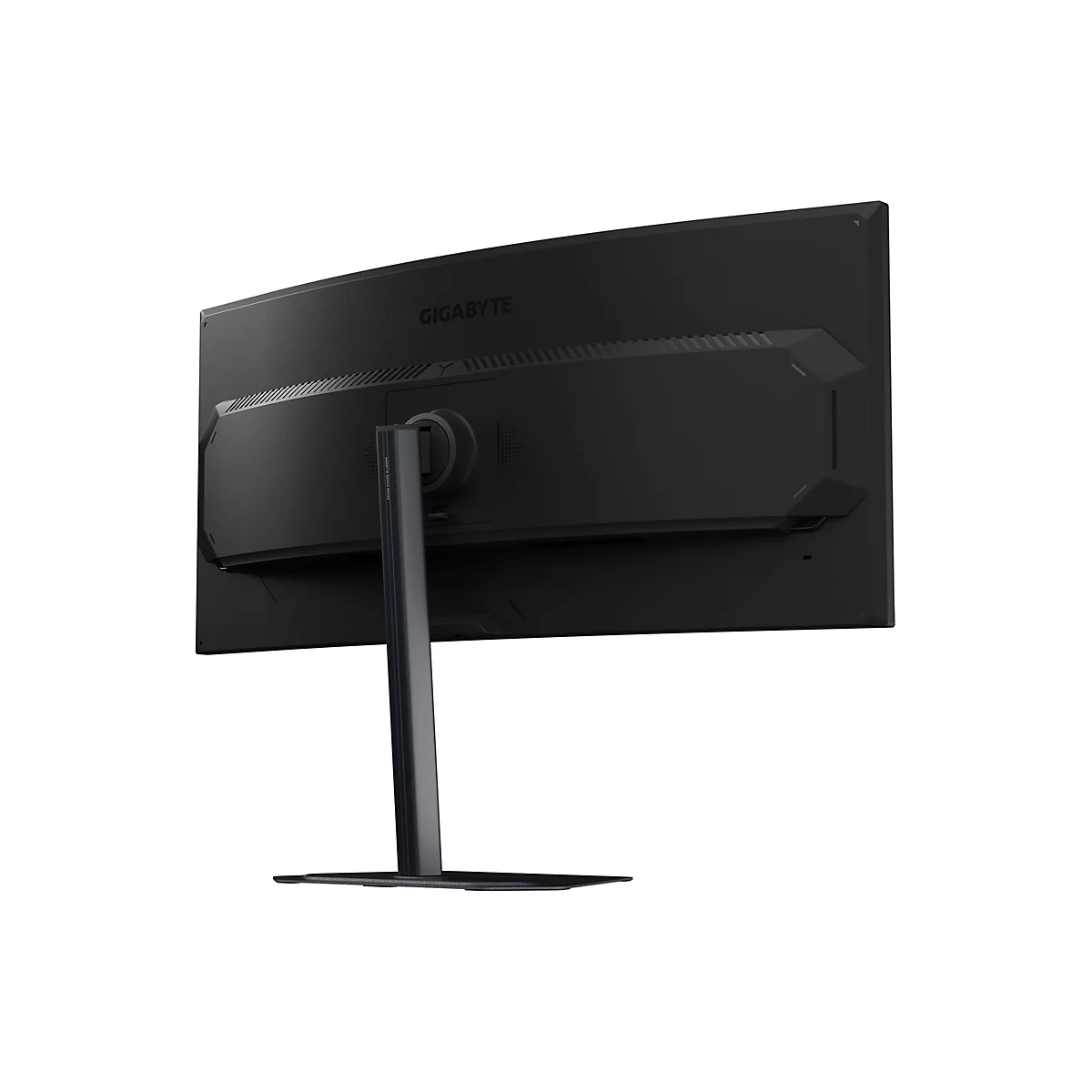 Schwarzer, gebogener Bildschirm, Rückansicht. "GIGABYTE" Schriftzug. Schwarzer Standfuß.