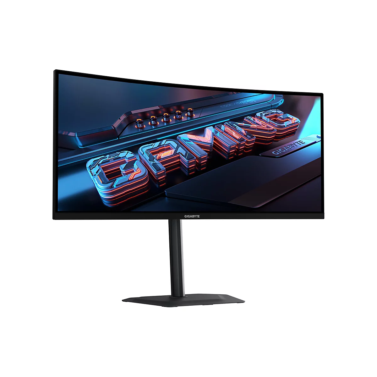 Ein Gaming Monitor mit einem gebogenen Bildschirm, der auf einem weißen Hintergrund steht.