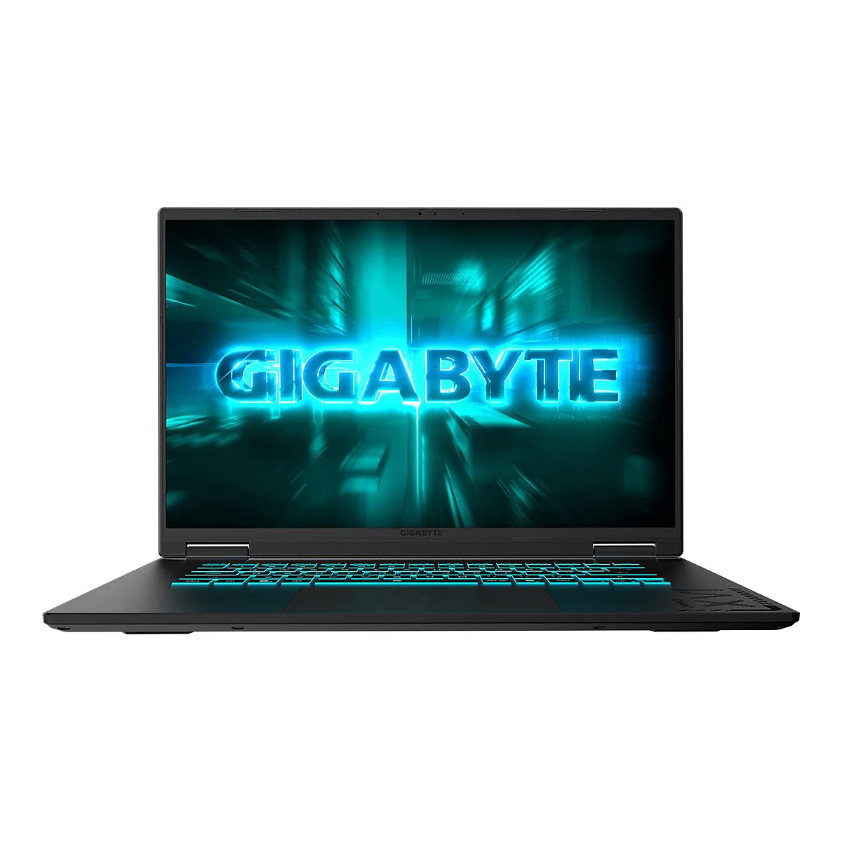 Schwarzes Gigabyte-Laptop, Bildschirm mit blauem Logo. Tastenbeleuchtung und Schriftzug auf dem Bildschirm sind ebenfalls blau.