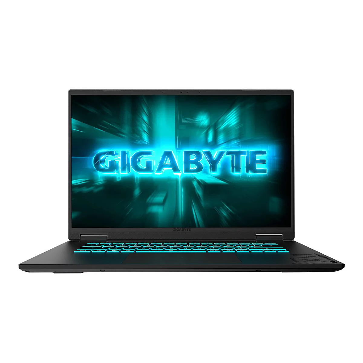 Schwarzes Notebook mit blauem Bildschirm, auf dem in Blau "GIGABYTE" steht. Aufleuchtende Tastatur.
