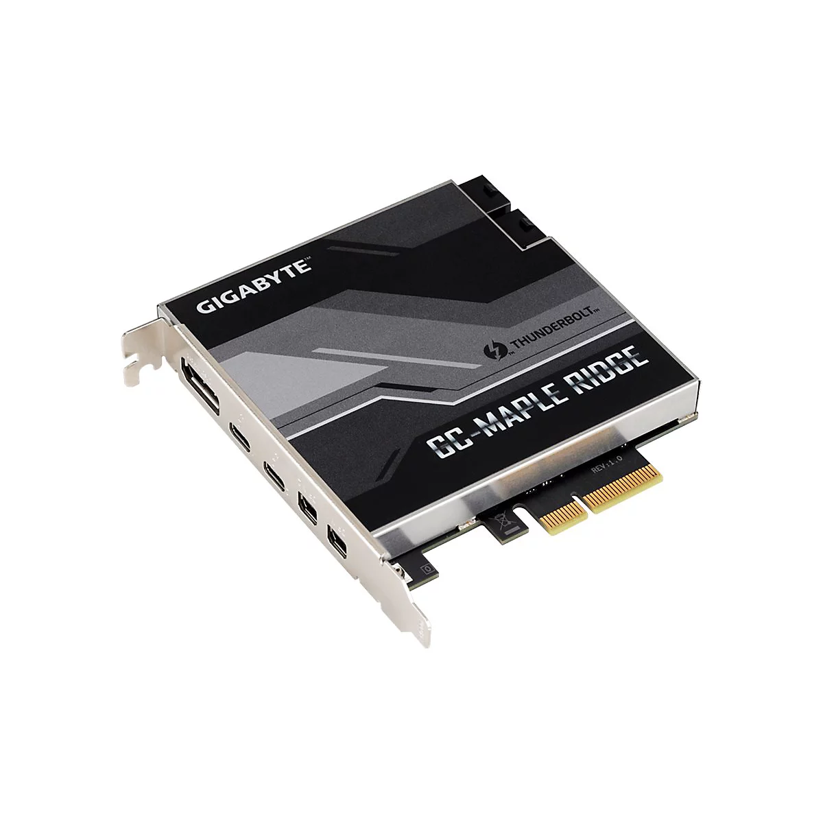 Gigabyte GC-MAPLE RIDGE Thunderbolt-Erweiterungskarte mit Anschlüssen auf silbernem Gehäuse.