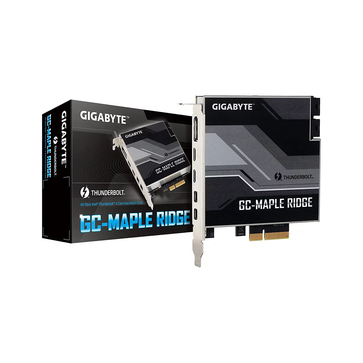 Gigabyte GC-Maple Ridge Thunderbolt 4 Erweiterungskarte mit dazugehöriger Verpackung.