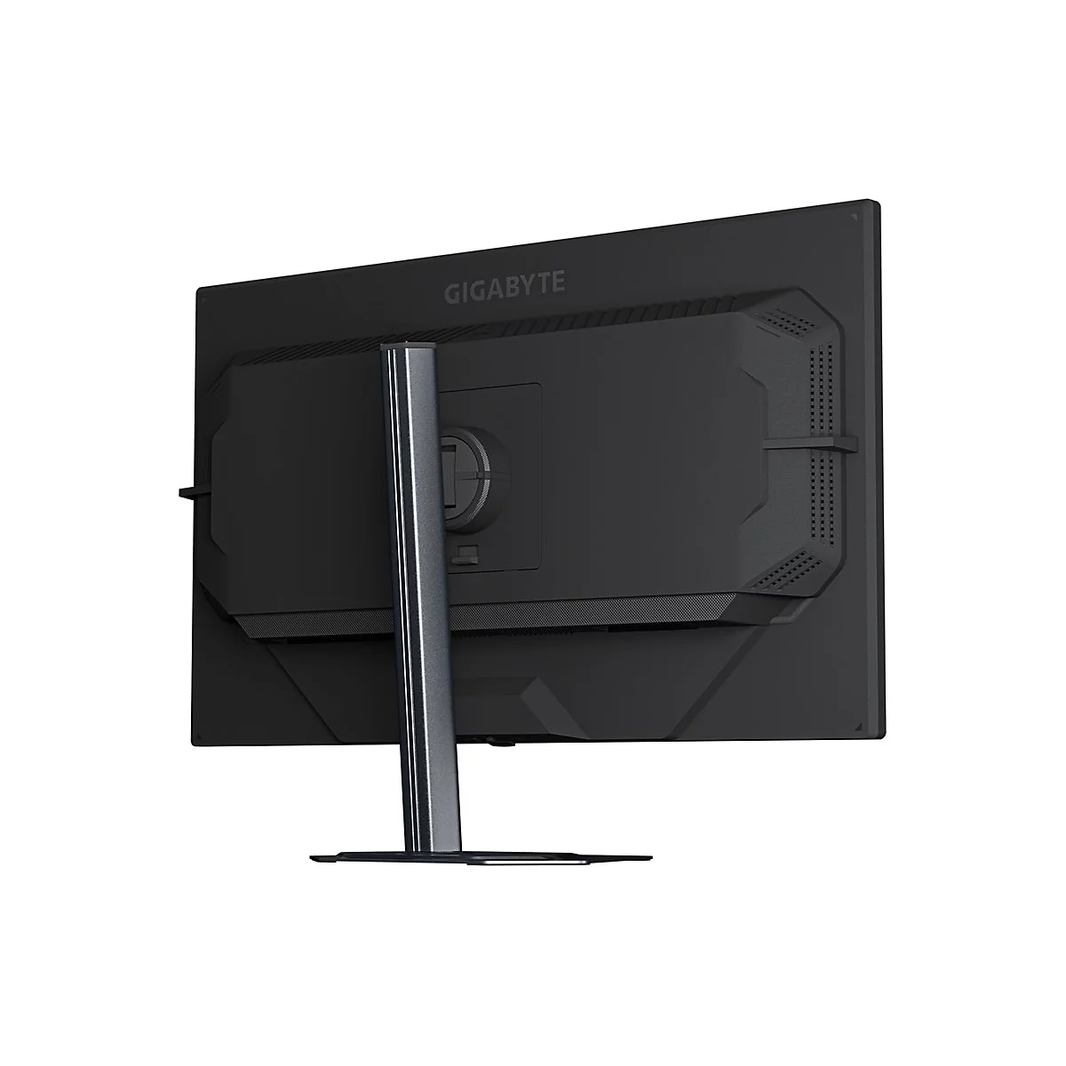 Die Rückseite eines schwarzen Gigabyte Monitors mit einem stabilen Standfuß vor weißem Hintergrund.
