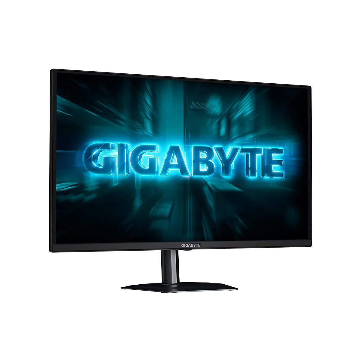 Schwarzer Gigabyte Gaming-Monitor mit blau leuchtendem Logo auf dem Bildschirm vor weißem Hintergrund.