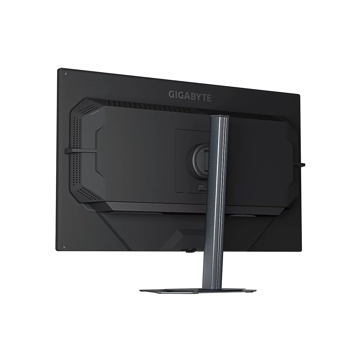 Rückseite eines schwarzen Gigabyte Monitors mit Standfuß auf weißem Hintergrund.
