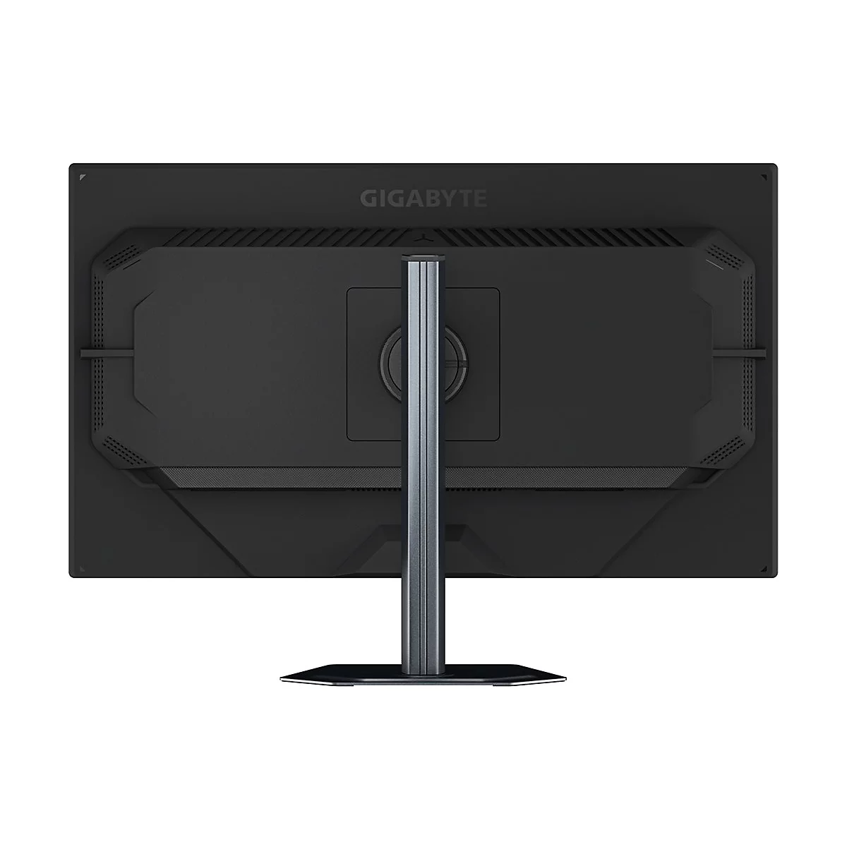 Rückseite eines schwarzen Gigabyte Monitors mit vertikalem Standfuß auf weißem Hintergrund.