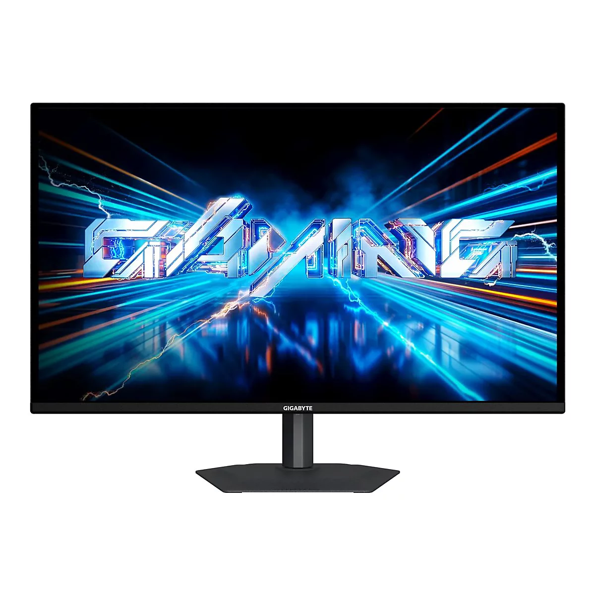 Gigabyte Gaming-Monitor mit dünnem Rahmen und dynamischem, leuchtendem Schriftzug auf dem Display.