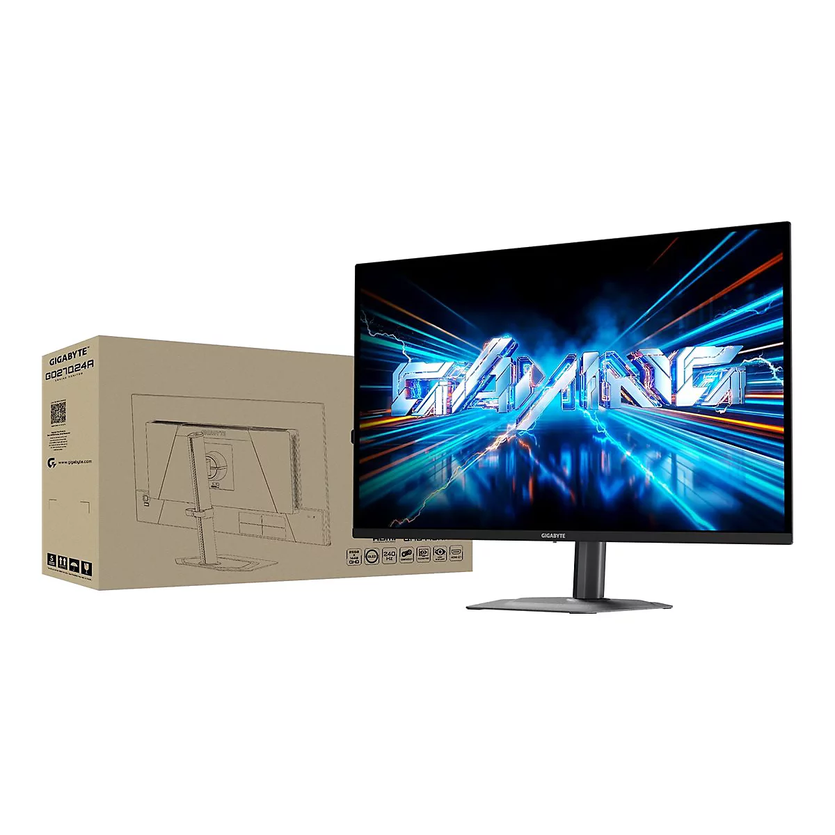 Gigabyte Gaming-Monitor mit leuchtend blauem Gaming-Schriftzug auf dem Bildschirm und zugehörigem braunen Versandkarton.