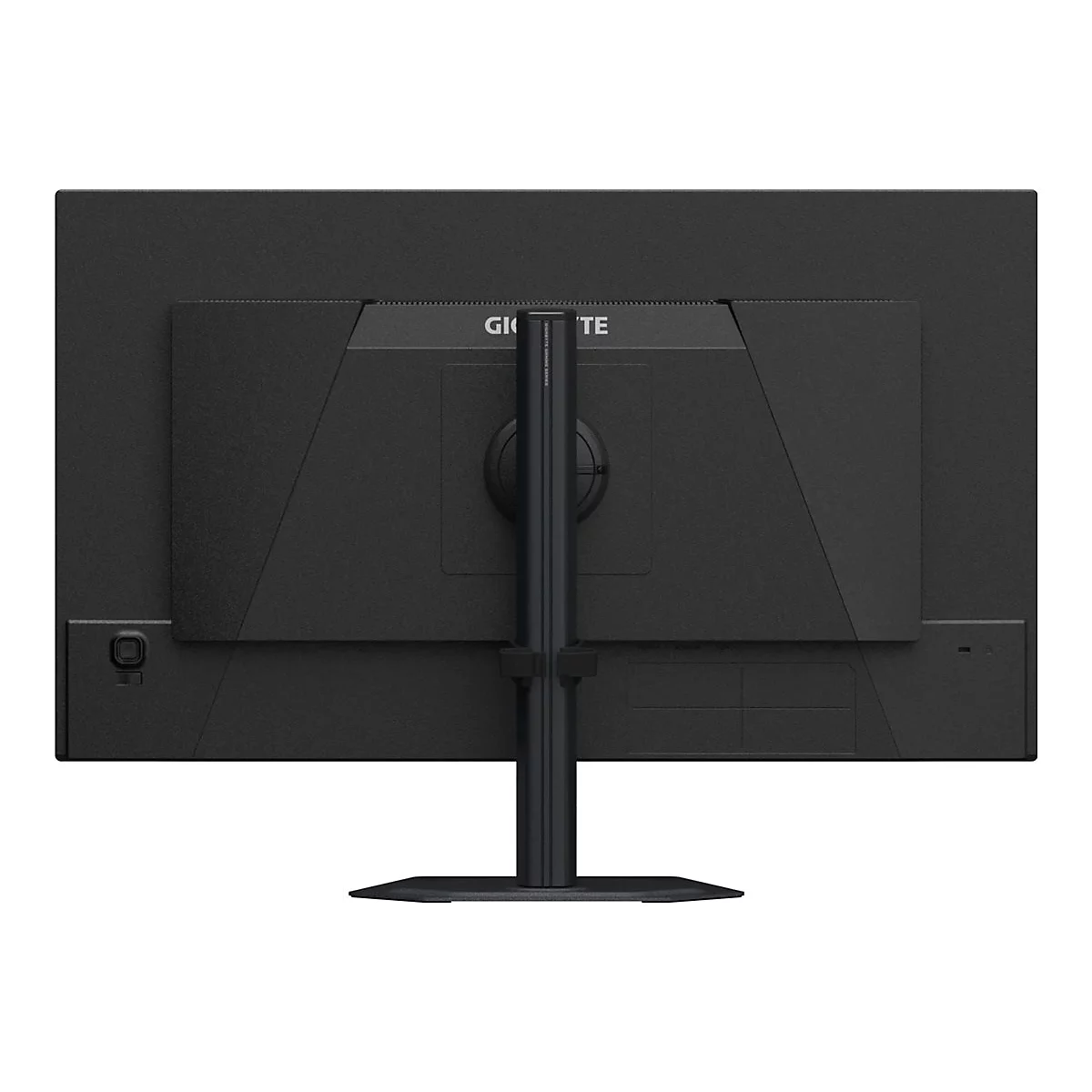 Rückseite eines schwarzen Gigabyte Gaming-Monitors auf einem Standfuß vor weißem Hintergrund.