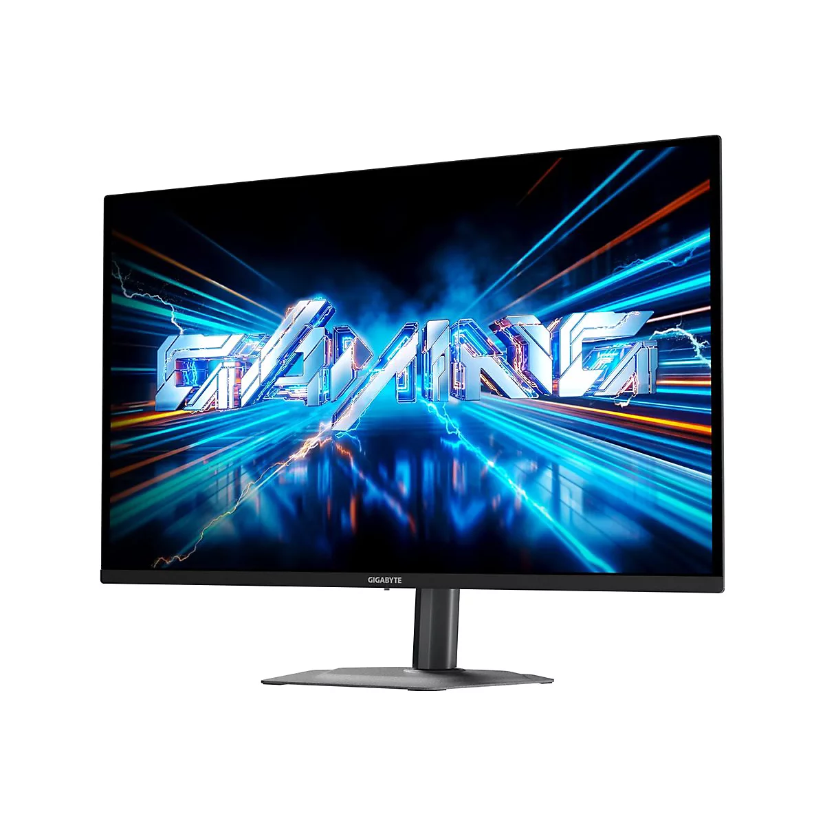 Gigabyte Gaming-Monitor mit schmalem Rahmen vor weißem Hintergrund, Display zeigt dynamische Lichteffekte und Schrift.