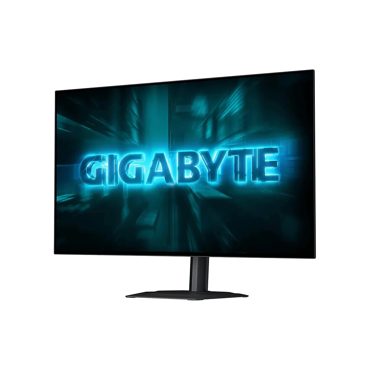 Gigabyte Gaming-Monitor mit leuchtend blauem Logo auf dem Display vor weißem Hintergrund.