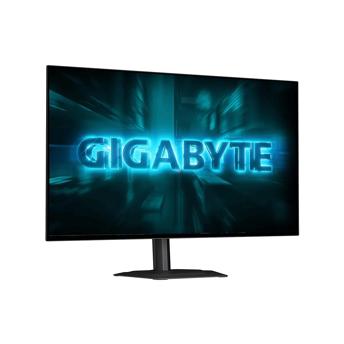 Gigabyte Monitor vor weißem Hintergrund mit leuchtendem blauem Schriftzug auf dem Display.