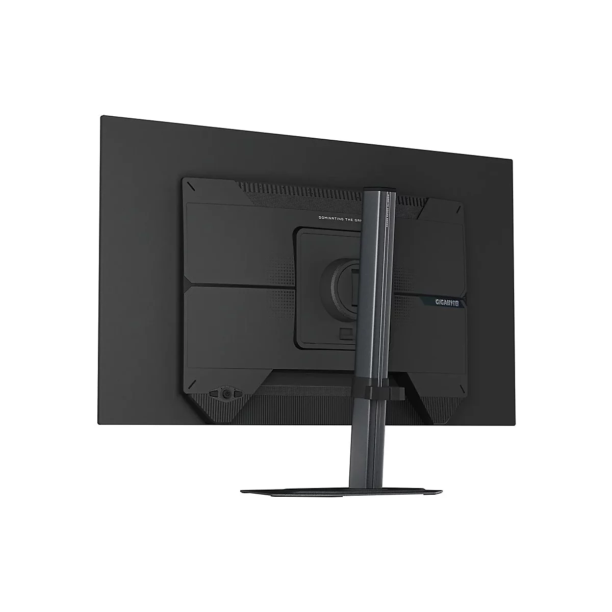 Rückansicht eines schwarzen Gigabyte Gaming-Monitors auf einem Standfuß vor weißem Hintergrund.