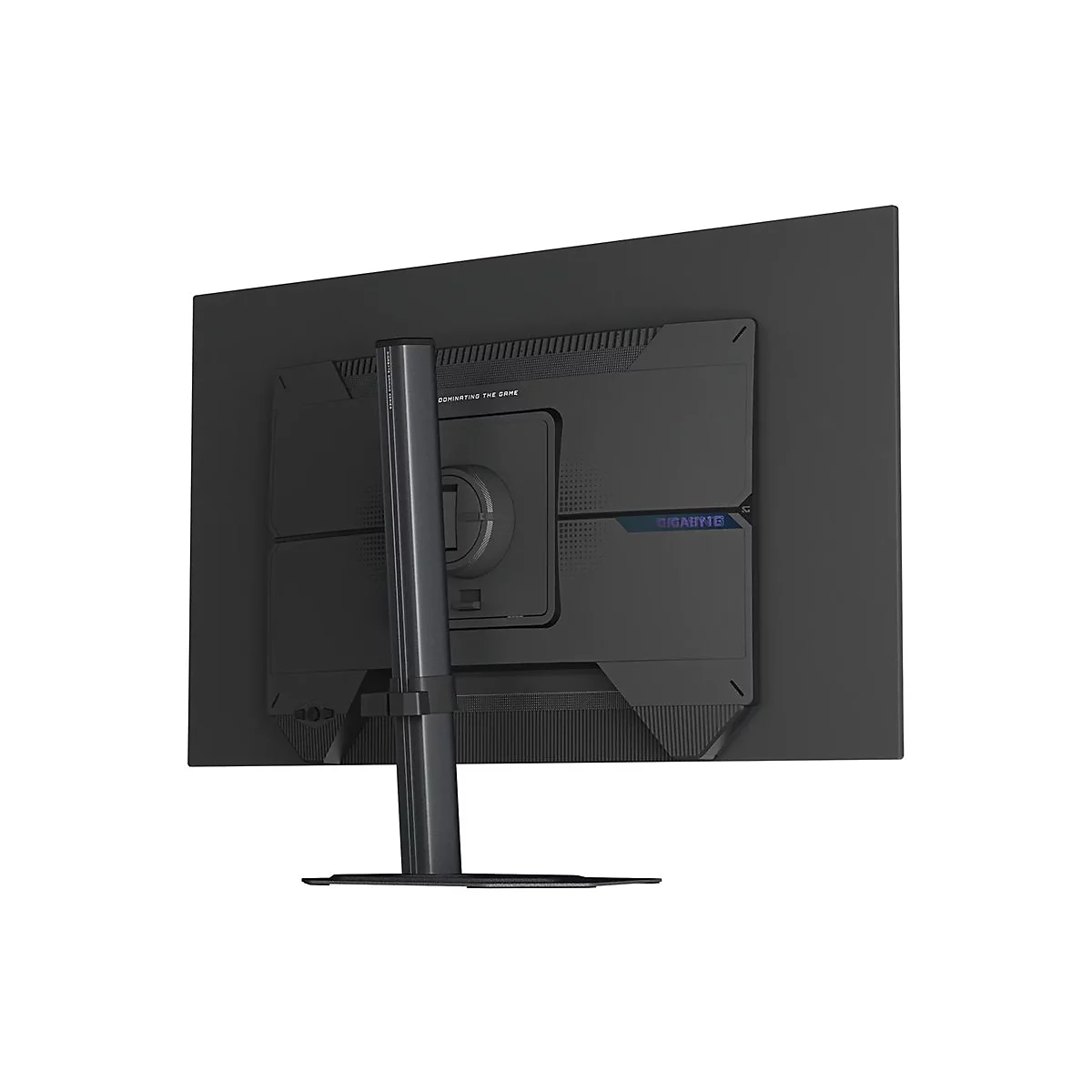 Rückseite eines schwarzen Gigabyte Gaming-Monitors mit Standfuß vor weißem Hintergrund.