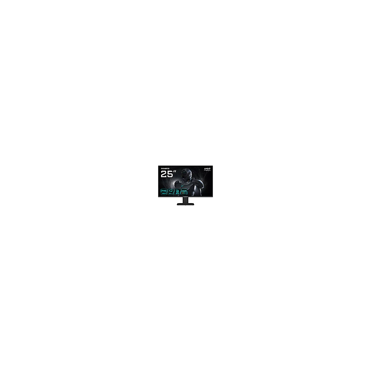 Schwarzer 25-Zoll-Monitor mit Branding, technischen Spezifikationen und einem Gaming-Hintergrundbild.