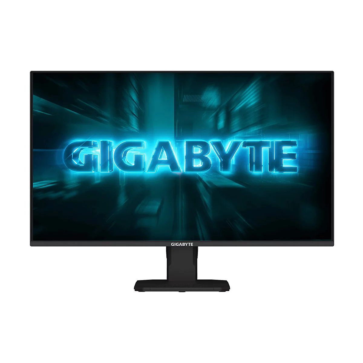 Schwarzer Monitor mit dem leuchtenden Schriftzug „GIGABYTE“ auf blauem Hintergrund.