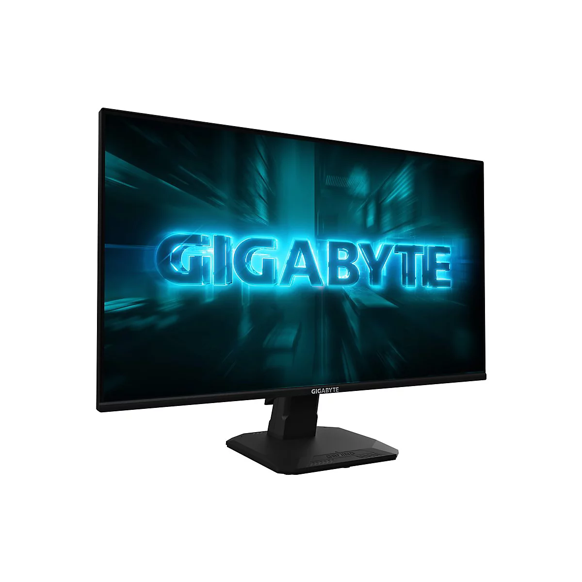 Schwarzer Gigabyte Gaming-Monitor in Perspektive mit leuchtend blauem Logo auf dem Display.