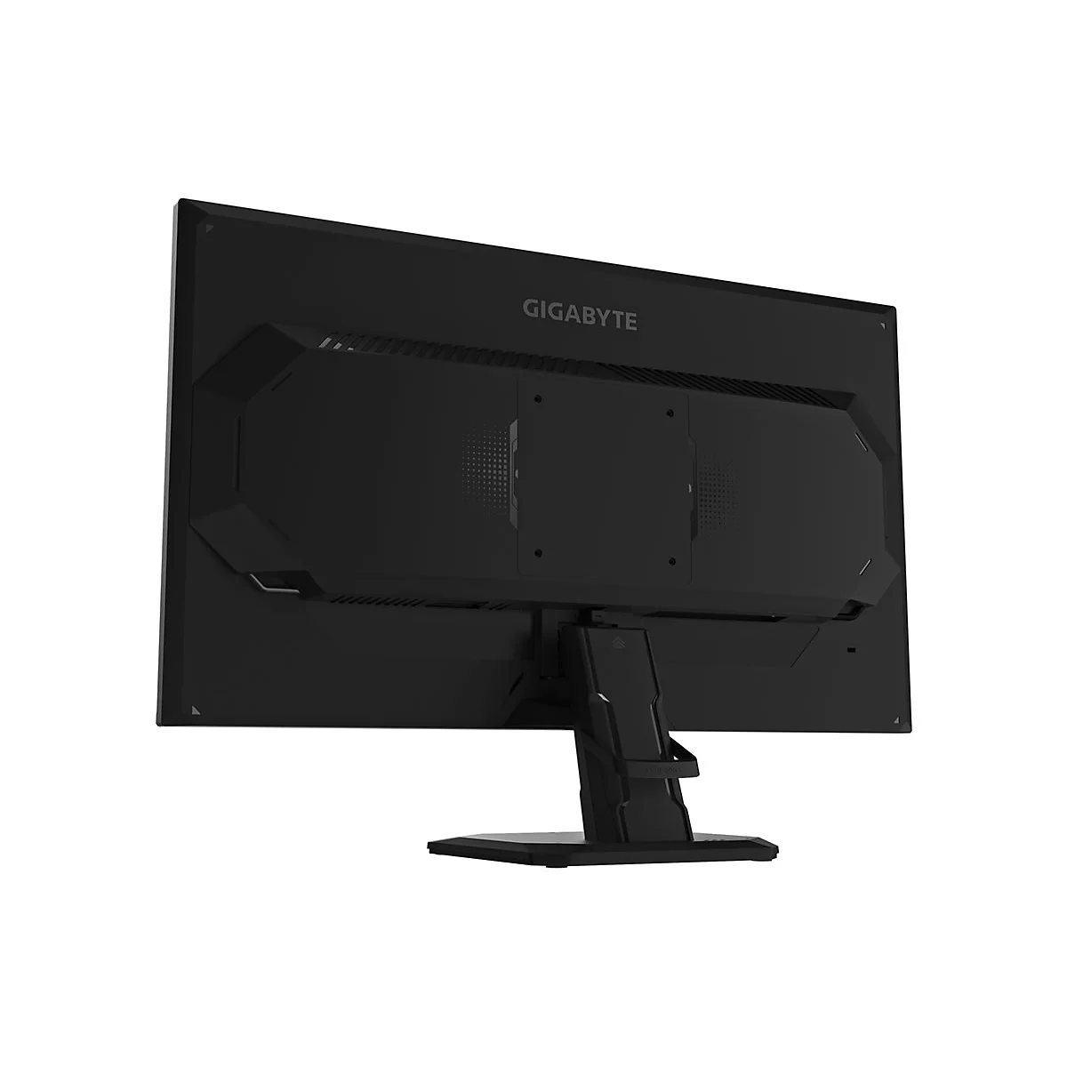 Schwarzer Monitor von hinten, Hersteller-Logo 'GIGABYTE' sichtbar. Standfuß und Halterung ebenfalls schwarz.