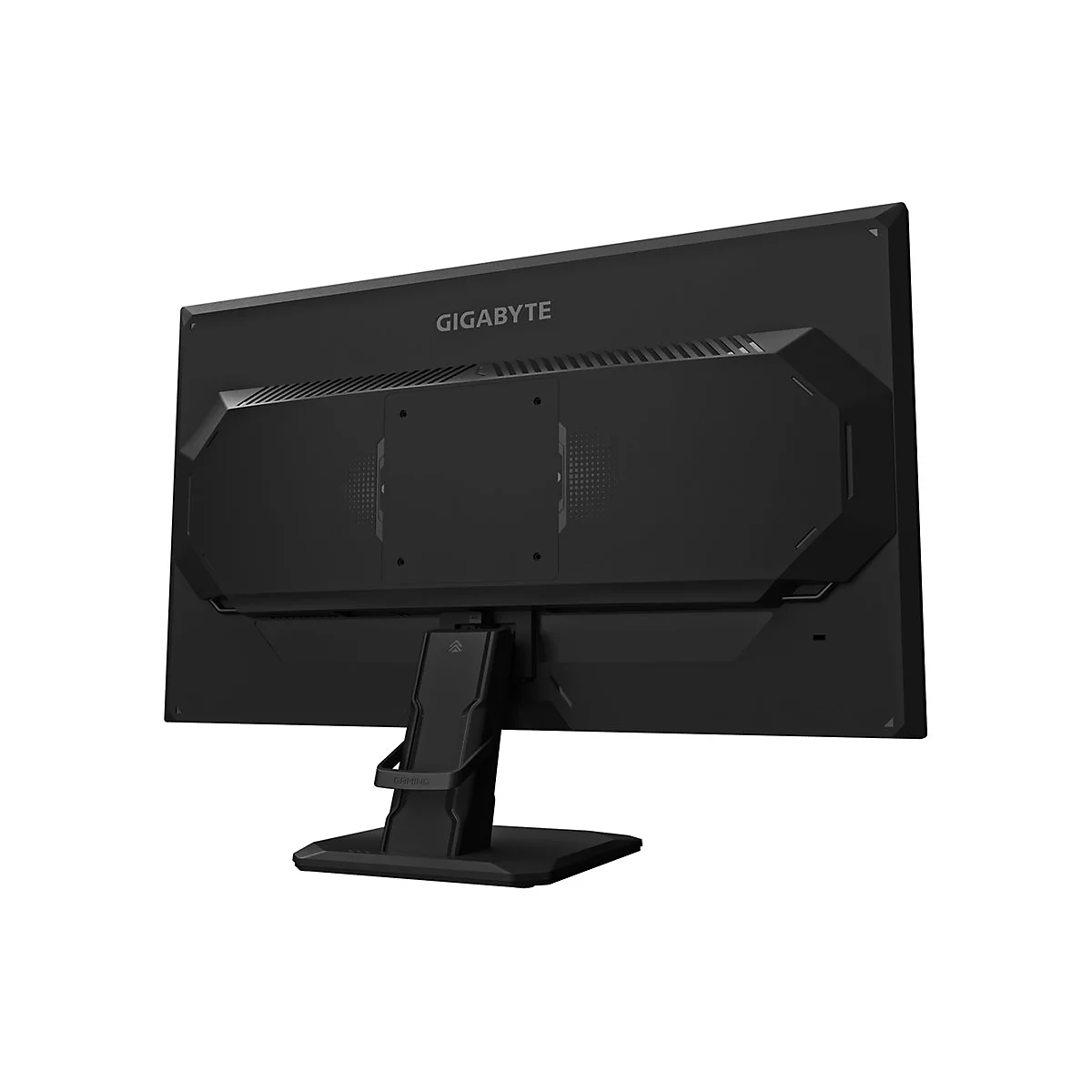 Rückseite eines schwarzen Gigabyte Gaming Monitors auf einem Standfuß vor weißem Hintergrund.