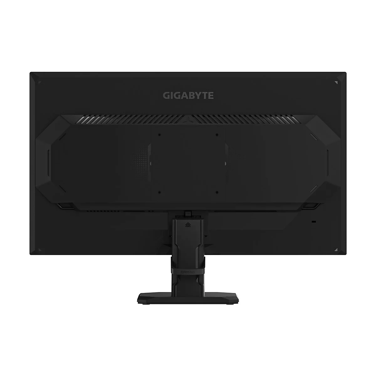 Schwarzer Gaming Monitor, Rückansicht. "GIGABYTE" Schriftzug. Halterung mit "GAMING" Aufdruck.