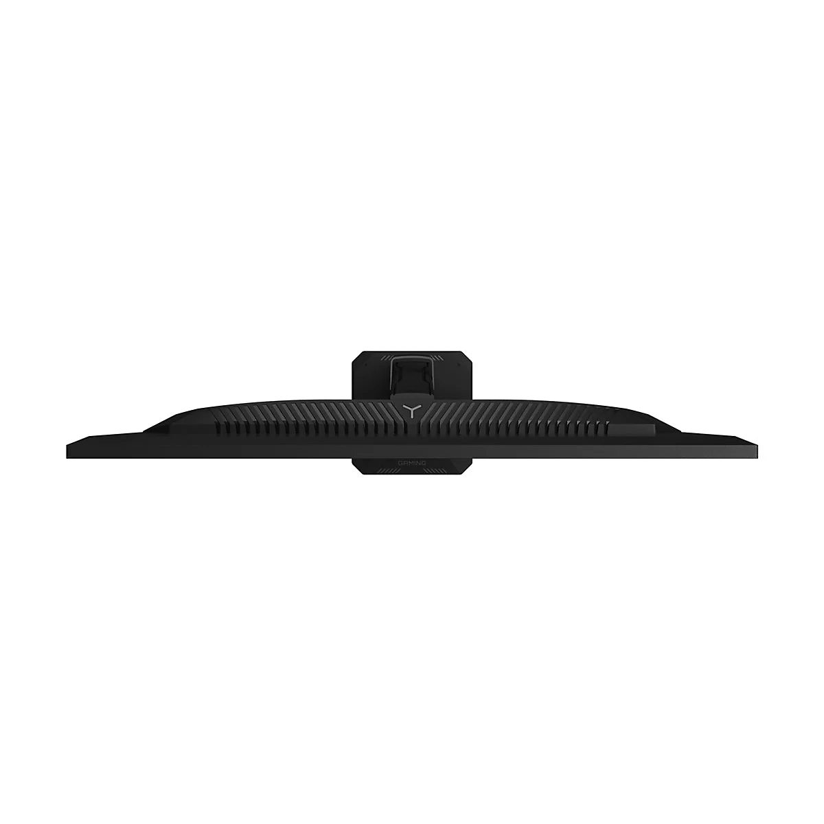 Draufsicht auf einen schwarzen Gaming-Monitor mit Lüftungsschlitzen und Markenlogo auf dem Standfuß.