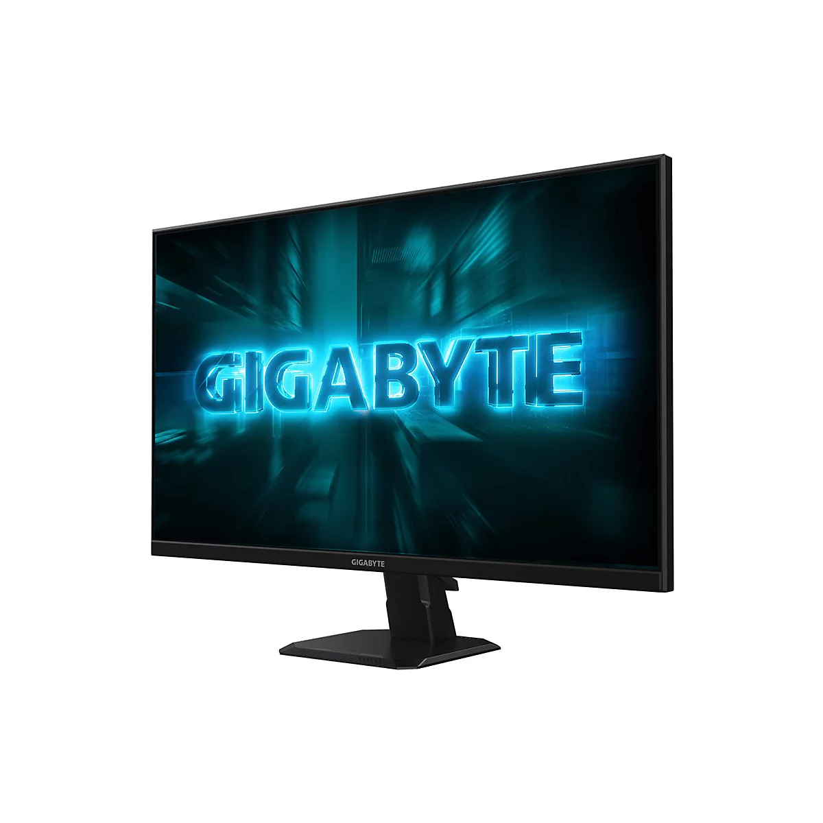Ein schwarzer Monitor der Marke Gigabyte; Leuchtend blauer Schriftzug auf dem Bildschirm, schwarzer Standfuß.