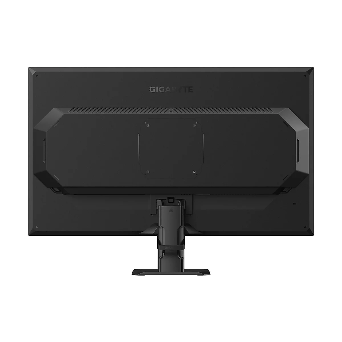 Rückseite eines schwarzen Gaming-Monitors mit Schriftzug GIGABYTE. Der Monitor ist auf einem weißen Hintergrund abgebildet.